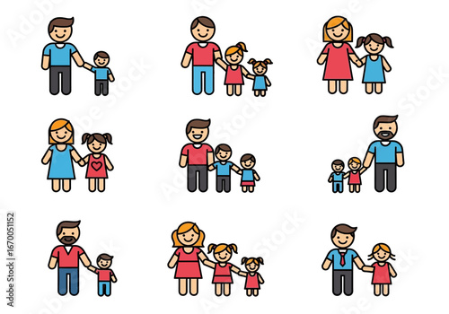 Several cartoon families with parents and kids, ideal for familyoriented designs, parenting articles, educational materials, and diverse family representation.