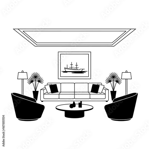 Modern Minimalist Living Room Scene with Sofa, Chairs, Coffee Table, and Artwork