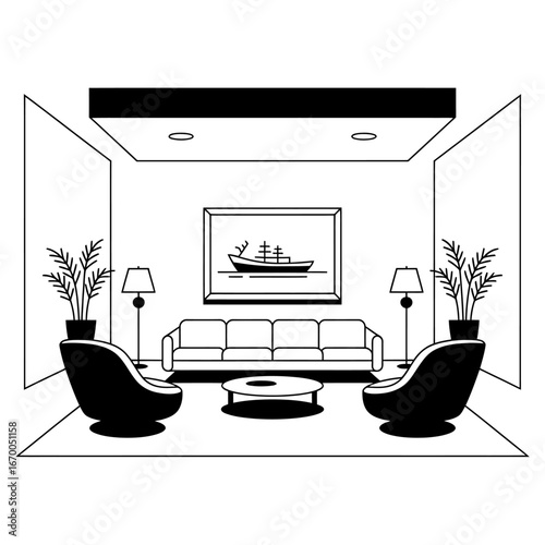 Elegant Minimalist Interior Design Vector Illustration of a Modern Living Room. Clean Monochrome Graphic Art Featuring Contemporary Furniture, Sofa, Armchairs, and Serene Home Decor.
