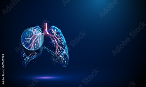 3d blue lungs with bronchial tree structure under magnifying glass. Pulmonary system, respiratory disease detection, diagnostic testing concept.