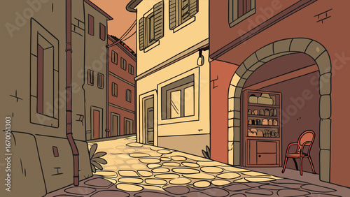 Cartoon illustration of a charming cobblestone street with old buildings and a quaint shop