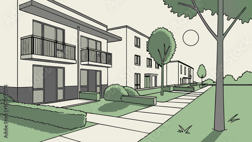 Apartment Buildings Green Landscaping Suburban Scene Modern Architecture Illustration.
