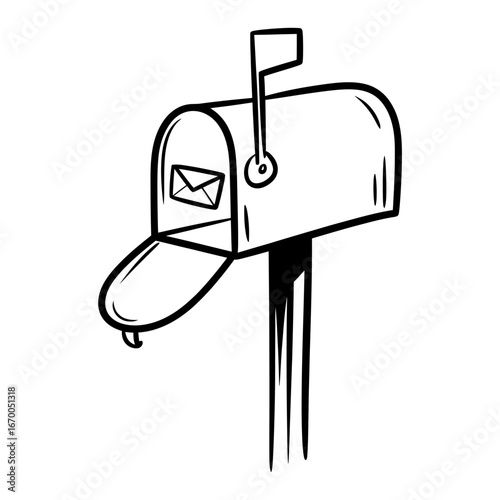 Line Art Illustration of a Mailbox with an Open Door and a Flag
