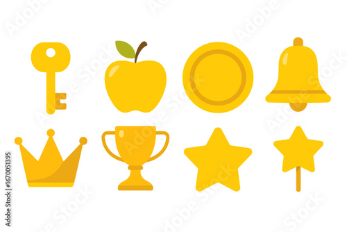 Golden Icon Set Key, Apple, Coin, Bell, Crown, Trophy, Star, and More for Game or App Design