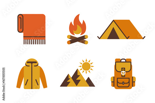 Set of Outdoor Camping and Adventure Icons Tent, Fire, Backpack, Mountains, Jacket, and Blanket