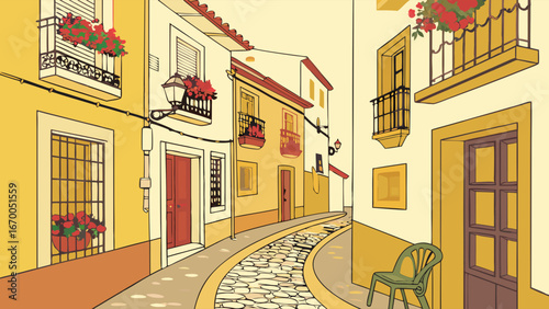 Charming cobblestone street with colorful buildings and flower boxes