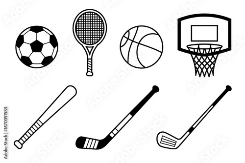 A vector set of black and white sports equipment icons. Graphic illustration of soccer, tennis, basketball, baseball, hockey, and golf gear.