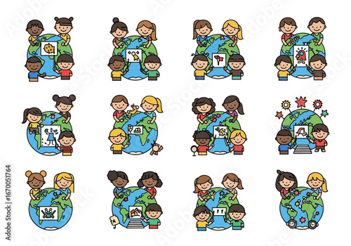 Groups of diverse children worldwide with symbols, perfect for educational materials, cultural diversity projects, social studies resources, and global unity concepts.
