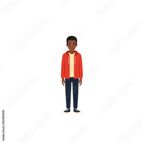 Full Body Pixel Art of Young Man Standing Wearing Red Jacket Dark Pants in White Background