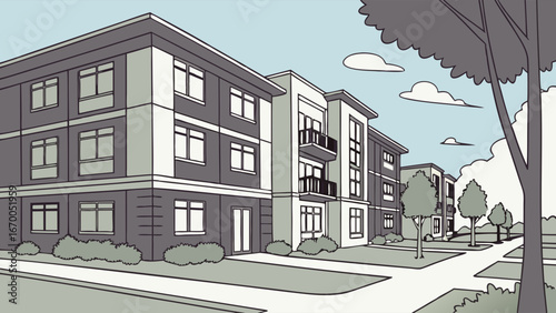 Apartment Buildings Residential Complex Suburban Scene Modern Architecture Daytime View Green Landscaping Trees Sidewalk Pathway Exterior Design Property Illustration Real Estate Housing Development .