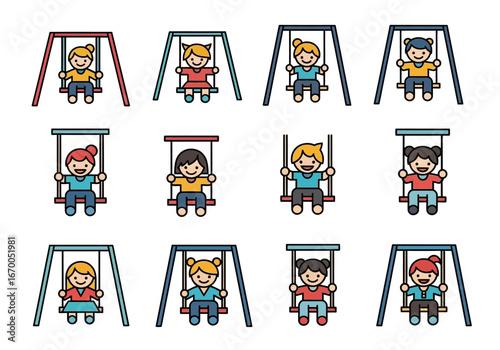 Children swinging joyfully in a playground, ideal for promoting outdoor activities, happiness, friendship, and carefree childhood moments in marketing campaigns.