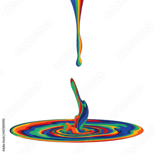 Abstract Circular Liquid Drop in Rainbow Colors Vivid Graphic Fluid Motion Paint Splash and Vibrant Spectrum on White