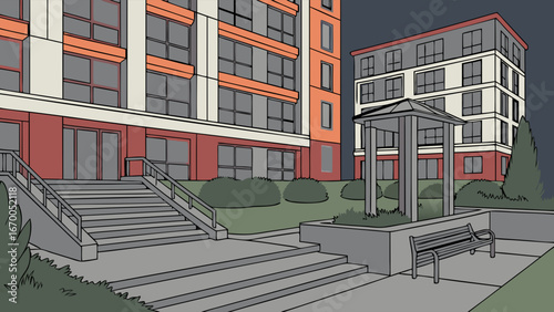 Apartment complex at night stairs bench gazebo landscaping urban scene illustration.