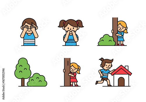 Children playing outdoors in a game of hide and seek among trees, bushes, and a house. Perfect for illustrating childhood activities and nature.