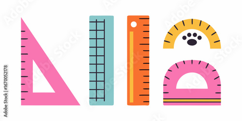 Assortment Of Geometric Rulers In Bright Colors For Education And Design measuring