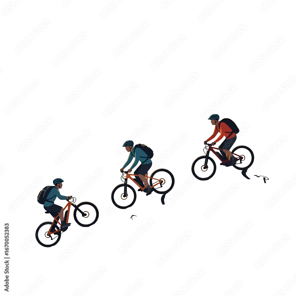 Obraz premium Three Mountain Bikers Riding Up Hill on White Background in Pixel Art Style