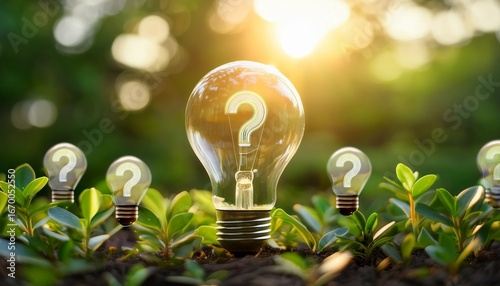 Wallpaper Mural light bulbs with question marks symbolize problem solving amid green foliage Torontodigital.ca