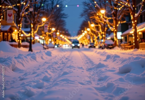 winter festival streets with snow reflecting renewable energy powered lights, soft glowing patterns creating magical and eco friendly atmosphere.