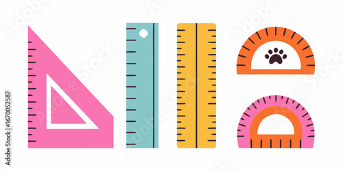 Colorful Set Of Geometric Rulers Including Triangle Protractor And Rulers measuring