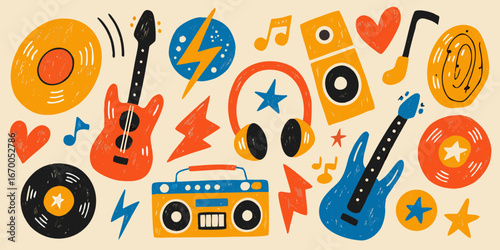 Retro Music Icons Collage with Guitars Records and Boombox vintage
