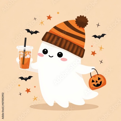 Friendly Halloween Ghost with Pumpkin and Drink