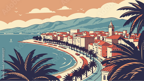 Coastal Town Summer Vacation Seaside Palm Trees Ocean View Illustration