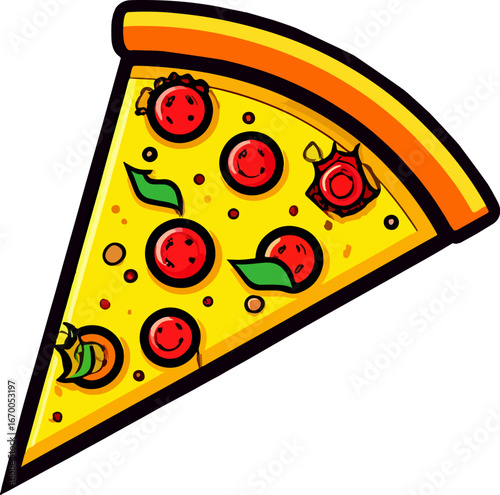 Tasty slice of cheese pizza topped with pepperoni and vegetables