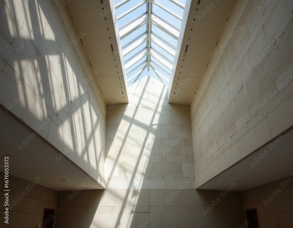 Fototapeta premium a geometric atrium with sunlight streaming through angular skylights, casting sharp light patterns and producing a contemplative serene mood.