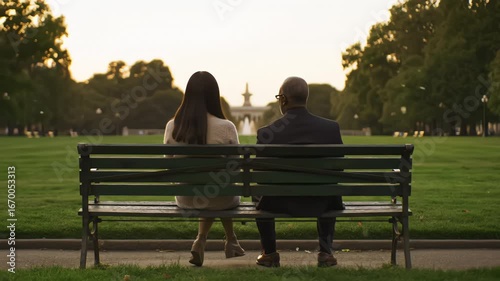 Couple Sitting on a Park Bench Watching the Sunset Together
