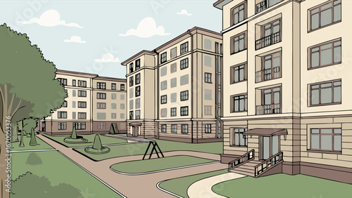 Apartment complex courtyard residential buildings green space playground illustration architecture urban design landscaping exterior design property development real estate home house building apartm.