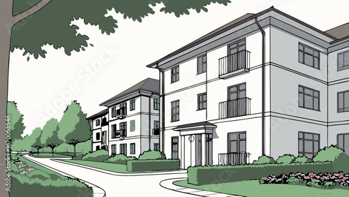 Apartment Complex Illustration Residential Building Design Modern Architecture Sketch Green Landscaping Suburban Scene Driveway Trees Balconies Windows Exterior View Building Facade Property Developm.