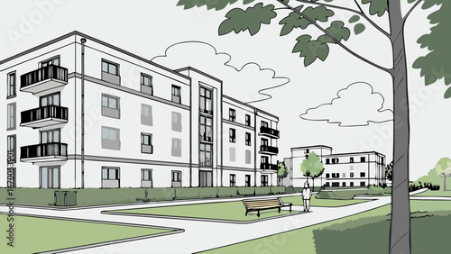 Apartment Complex Sketch Modern Building Design Green Space Urban Landscape Illustration.