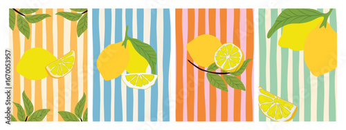 Flat illustration of lemons and lemon slices with green leaves on colorful vertical stripes; playful, summery layout ideal for food packaging, kitchen decor, or summer event prints.