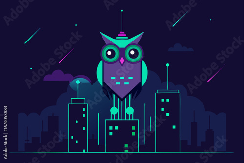 A nocturnal owl silhouette perches on the moon, overlooking a vector city skyline with festive lights and stars