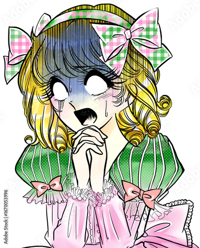 白目で祈る昭和レトロ少女漫画の金髪お嬢様と白背景