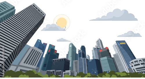 Pixel Art Panorama of Modern City Skyline with Skyscrapers Under Cloudy Sky and Sun and Green Trees in Bottom View
