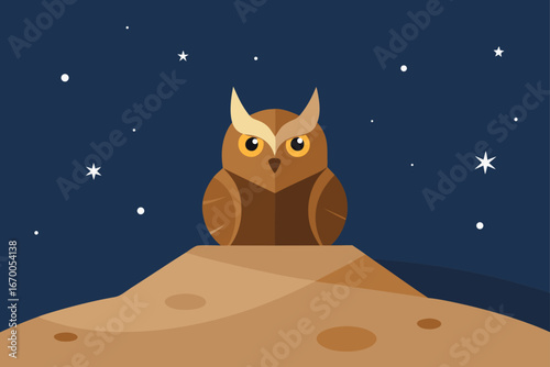 A cute and fun cartoon illustration of a kitten and a wolf on a roof under a moon and stars