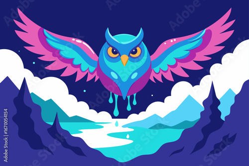 A cute cartoon owl with outstretched wings flies peacefully across a blue sky