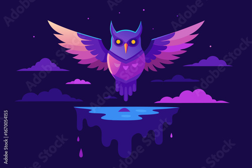 A cute cartoon owl silhouette with glowing eyes on a tree branch against a starry Halloween night sky with the moon