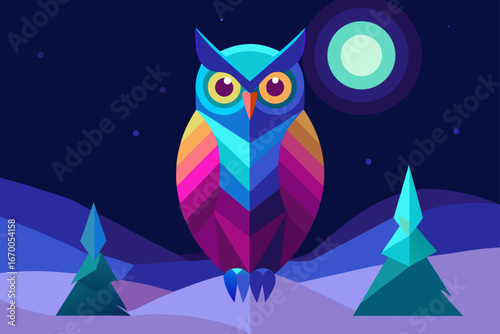 A fun Halloween cartoon illustration of a cute owl on a branch against a dark night sky with stars and a moon
