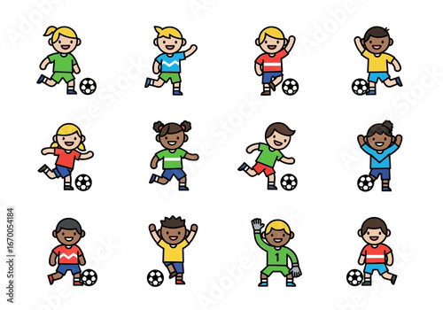 Group of twelve diverse children playing soccer in various poses happily. Perfect for sports and diversitythemed designs.