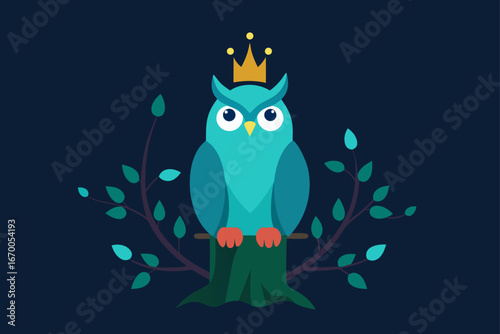 A funny cartoon owl vector with big eyes sits on a tree branch at night with the moon
