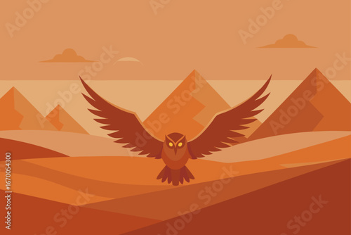 Black vector silhouette of a majestic eagle with outstretched wings flying in the sky at sunset