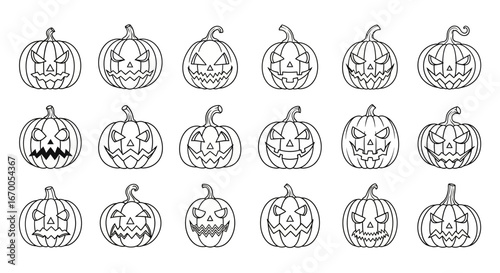 Collection of hand-drawn Halloween pumpkins with carved faces, perfect for autumn decorations and spooky celebrations