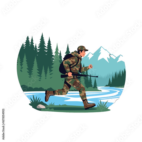 Pixel Art Illustration of a Soldier in Camouflage Running Through Forest with Gun Backpack and Mountains in the Background