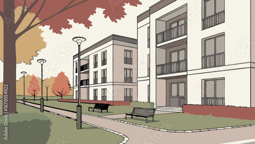 Apartment complex, autumn, park, pathway, benches, trees, residential, illustration, architecture, design, exterior, landscaping, fall foliage, urban planning, modern building, building design, prope.