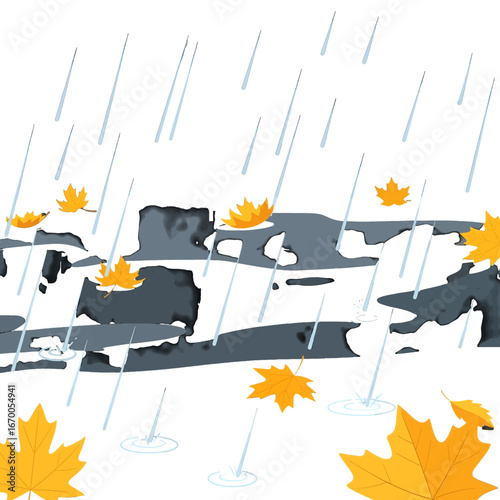 Rainy Autumn Season with Falling Yellow Maple Leaves and White Cloudy Background