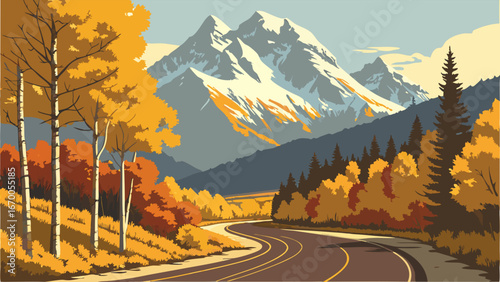 Autumn Road Trip Through Mountain Landscape with Colorful Trees and Winding Road.