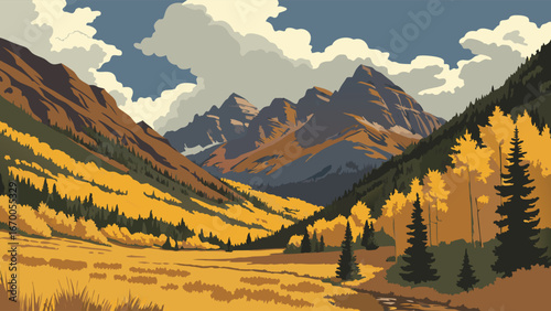 Autumnal Mountain Valley Landscape Fall Foliage Golden Trees Majestic Peaks Scenic View Nature Illustration.