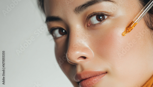 beautiful young asian woman applying serum on her face, isolated on a white background